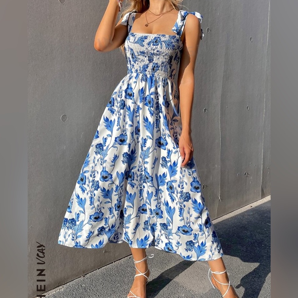 Blue & White Floral Print Maxi Dress